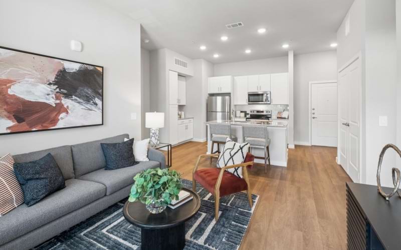 a living room with a couch and a table